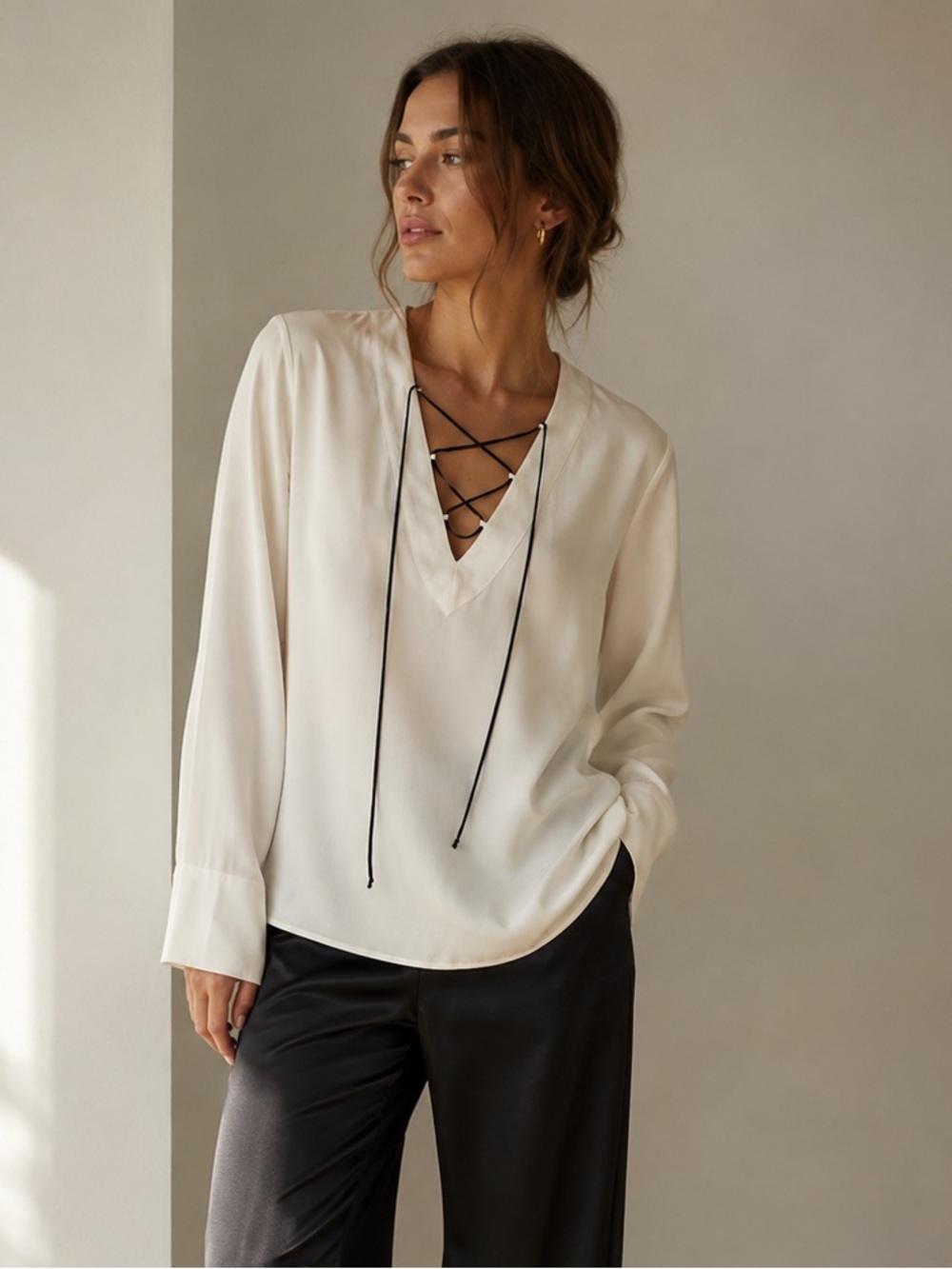 Equipment 100% Silk Lace-Up Ivory Blouse